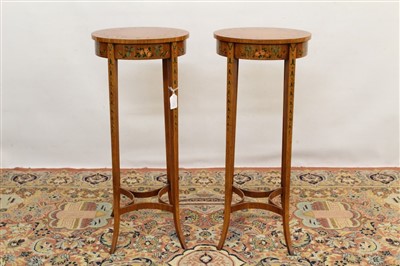 Lot 1763 - Pair of Regency style polychrome painted satinwood side tables each with square top on slender square tapering supports and stretchers