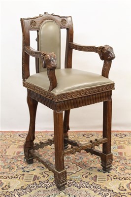 Lot 1764 - Mesopotamian style ornate carved hardwood elbow chair. Provenance: Removed from Gilgamesh restaurant, London