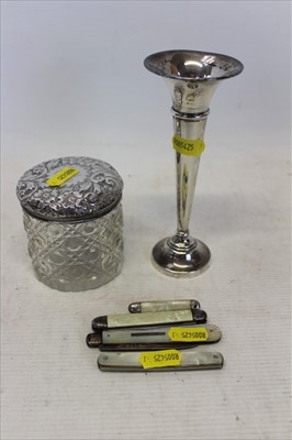 Lot 3652 - Sterling silver trumpet vase, a cut glass jar with embossed silver top