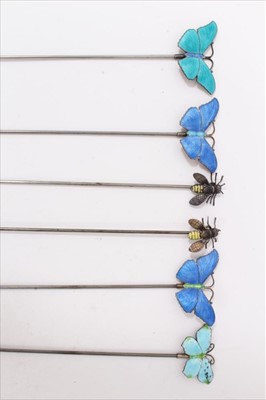 Lot 3243 - Pair silver and enamel novelty bee hat pins and four silver blue enamel butterfly hat pins (6)