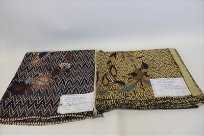 Lot 3120 - Two lengths of vintage Batik Tulis fabric from Yogakarta and Surakarta (Solo), Java. Plus another similar length. Also five Indian hand painted silk panels.