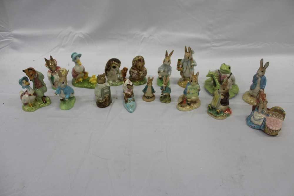 Lot 2114 - Thirteen Beswick Beatrix Potter figures - Jemima and her ducklings,  Old Mr Brown,  Peter and the red Pocket Handkerchief,  Jemima Puddleduck with Foxy Whiskered Gentleman,  Mrs Rabbit,  Tomasina T...