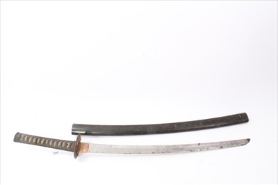 Lot 702 - Antique Japanese Wakazashi short sword with curved blade, signed tang, pierced iron tsuba in lacquered scabbard. The blade  56.5cm long