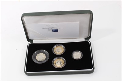 Lot 85 - G.B. The Royal Mint silver proof Piedfort 4 coin collection to include 'Gunpowder Plot' £2 'World War II' £2, 'Menai Straits Bridge' £1 and 'Samuel Johnson's Dictionary' 50p (N.B. cased with Certif...