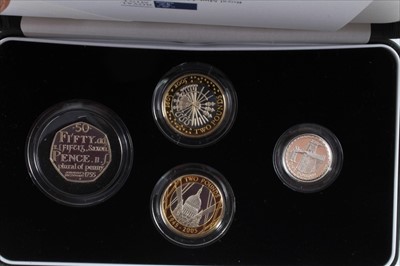 Lot 85 - G.B. The Royal Mint silver proof Piedfort 4 coin collection to include 'Gunpowder Plot' £2 'World War II' £2, 'Menai Straits Bridge' £1 and 'Samuel Johnson's Dictionary' 50p (N.B. cased with Certif...