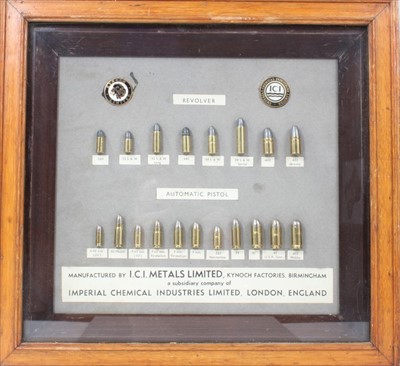 Lot 802 - Rare 1920s/30s ICI cartridge display with Kynock and early ICI enamel badges and range of revolver and automatic pistol ammunition with labels ‘Manufactured by ICI Metals Ltd', Kynock Factories ,...