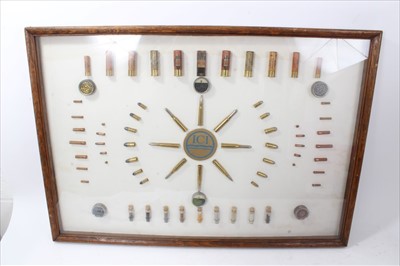 Lot 803 - Rare 1930s ICI cartridge and air pellet display with central ICI badge surrounded by various cartridge samples some with display cut outs, showing an amazing array of sporting and military cartrid...