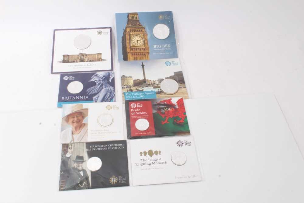 Lot 129 - G.B. The Royal Mint silver commemorative flat-packed coins to include £100 x 3, £50 x 1 & £20 x 4 (8 coins)