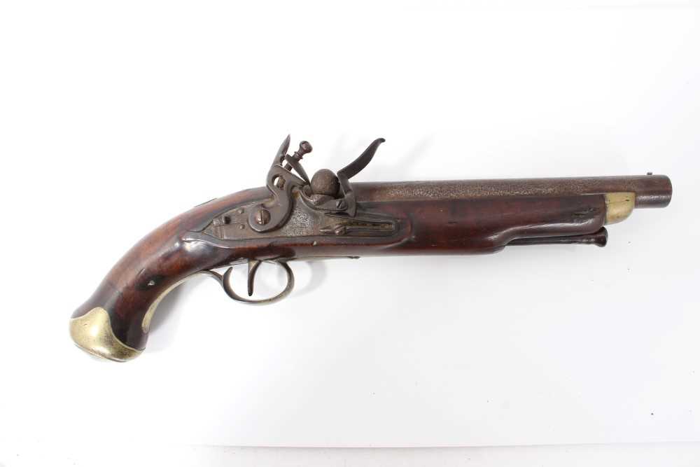 Lot 804 - Early 19th century British military 15 bore flintlock pistol, the lock engraved with crowned GR cipher  proofs to barrel, walnut stock with brass furniture with skull cracker pommel and steel ra...