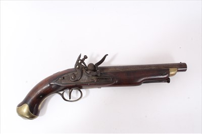 Lot 804 - Early 19th century British military 15 bore flintlock pistol, the lock engraved with crowned GR cipher  proofs to barrel, walnut stock with brass furniture with skull cracker pommel and steel ra...