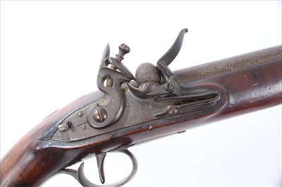 Lot 804 - Early 19th century British military 15 bore flintlock pistol, the lock engraved with crowned GR cipher  proofs to barrel, walnut stock with brass furniture with skull cracker pommel and steel ra...