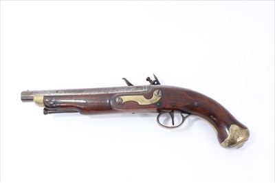 Lot 804 - Early 19th century British military 15 bore flintlock pistol, the lock engraved with crowned GR cipher  proofs to barrel, walnut stock with brass furniture with skull cracker pommel and steel ra...