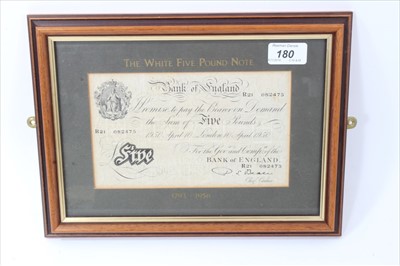 Lot 180 - G.B. Bank of England white £5 note, cashier - Beale, London 10th April 1950 GF/AVF in glazed frame (1 banknote)