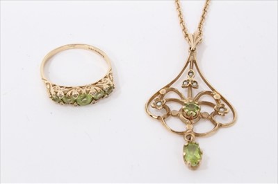 Lot 3260 - Edwardian gold 9ct peridot and seed pearl open work pendant on chain and similar ring