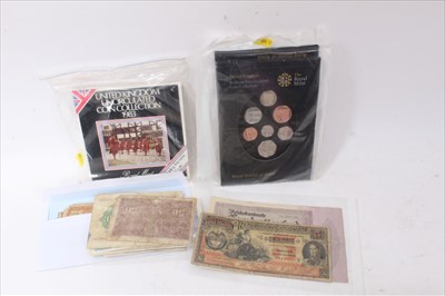 Lot 204 - World - mixed banknotes, coins, tokens to inc G.B. The Royal Mint Royal Shield of Arms brilliant UNC seven coin set (N.B. inc sealed packaging with Certificate of Authenticity), World banknotes x 5...