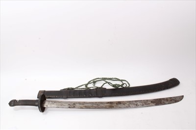 Lot 716 - Late 19th/20th century Chinese sword with broad curved blade in leather covered and iron mounted scabbard, 96cm overall