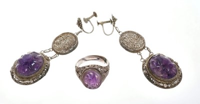 Lot 514 - Chinese white metal earrings and matching ring with carved amethysts