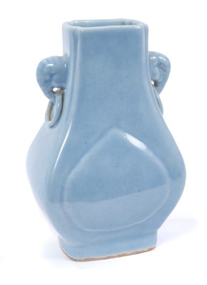 Lot 44 - Antique Chinese Qing dynasty clair de lune glazed vase, of archaic Hu form, with elephant head and ring handles, impressed Qianlong seal mark
