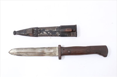 Lot 720 - First World War trench knife converted from a German S84-98 bayonet with shortened sharpened blade and modified scabbard with extra belt loops.