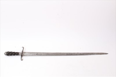 Lot 727 - 18th century French hunting sword with spiral twist ebony hilt, recurving cross guard and etched fullered blade. 72cm overall .