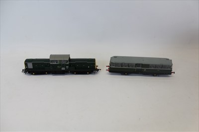 Lot 2712 - Railway Heljan 00 gauge Diesel locomotive 17041 BR green with 1 yellow panel (8592) plus 21 pin Socket Railbus.  W&M E 79962 in dark green with speed whiskers both mint & boxed