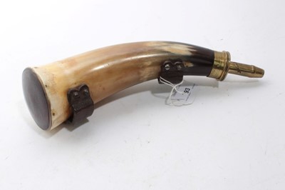 Lot 352 - 19th Century Bovine Horn Powder flask with brass mount and leather straps