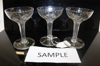 Lot 2118 - Set of 7 late Victorian cut glass champagne coupes with hollow facet cut stems