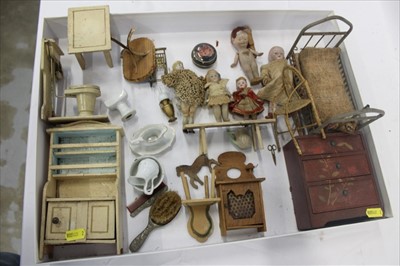 Lot 2880 - Collection of antique doll’s house furniture and furnishings to include Nippon  Pixie doll and miniature pin jointed bisque porcelain dolls