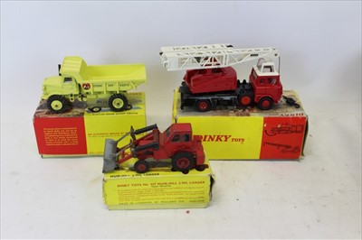 Lot 2780 - Dinky Muir Hill Loader No 437, Euclid rear dump trunk No 965, Jones Fleetwood cantilever crane No 970 all boxed