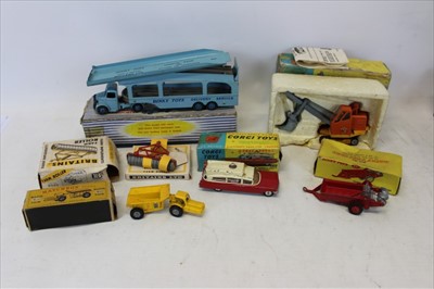 Lot 2781 - Selection  of models including Dinky Pullmore Transported No 982, Massey-Harris Manure Spreader No 321, Corgi Priestman Luffing Shovel No 1128, Superior Ambulance No437, Matchbox Whitlock Dinkhum-D...