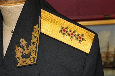 Lot 596 - Cold War Era Russian Admirals Uniform comprising jacket with mounted medal ribbons and insignia, together with trousers