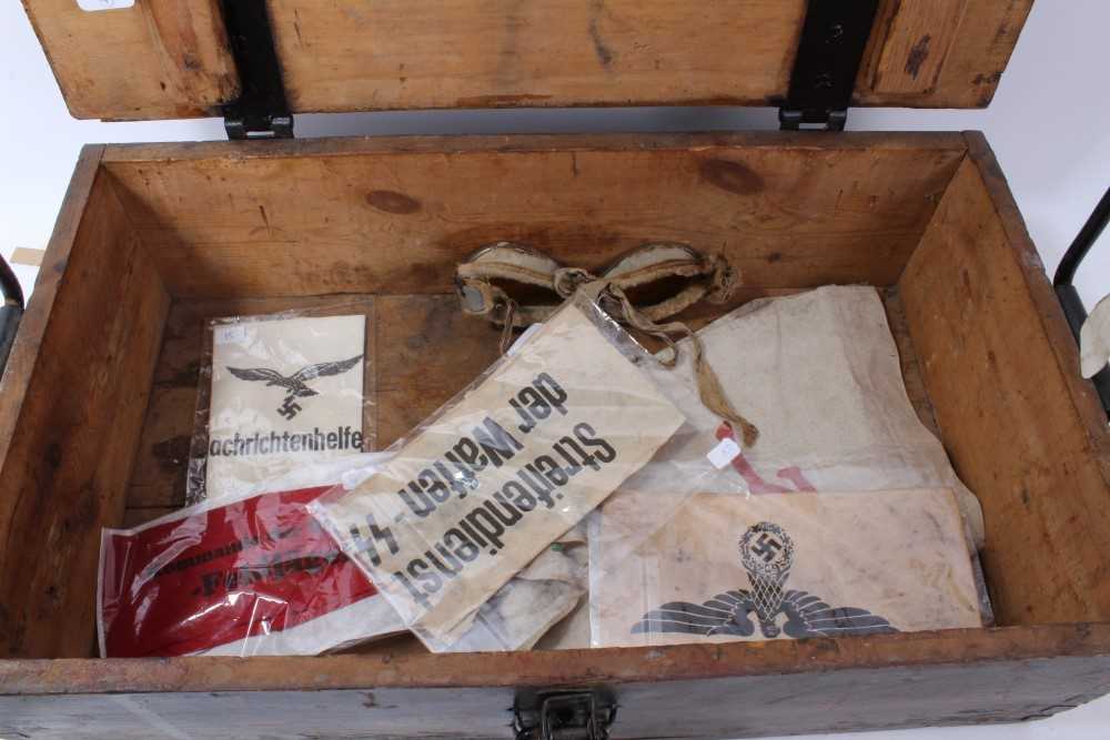 Lot 599 - Wooden German ammunition box, together with replica Nazi cloth badges, pennants and other insignia