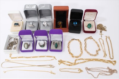 Lot 3315 - Collection silver gem set rings, gold plated chains etc