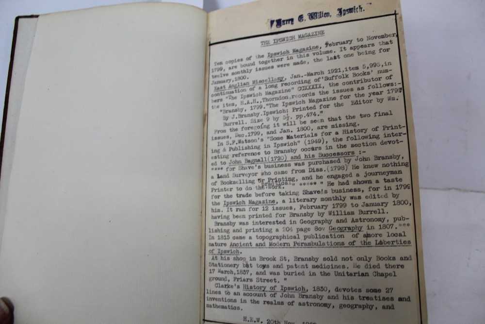 Lot 1280 - John Bransby - Ipswich Magazine, ten (of twelve monthly editions of this short lasting periodical) bound in one volume spanning Feb-Nov 1799, polished calf binding