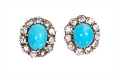 Lot 356 - Pair of turquoise and diamond cluster earrings