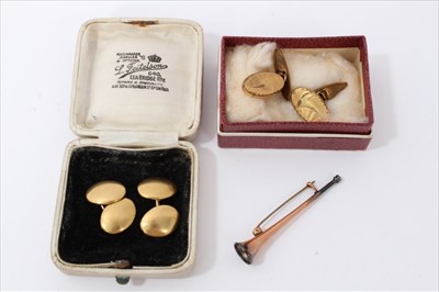 Lot 3316 - Pair gold 18ct oval cufflinks, pair gold plated cufflinks and a novelty trumpet bar brooch