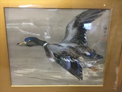 Lot 247 - Early 20th century Japanese watercolour, Ducks in flight