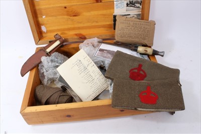 Lot 615 - Pine box with Royal Artillery cap badge, containing various cloth and other military badges, Second World War Defence Medal and other Militaria