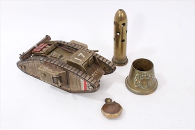 Lot 616 - Good quality scratch built wooden model of a First World War Tank, signed M.Kittridge to base, together with brass trench art items (4 pieces)