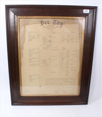 Lot 618 - First World War period framed naval map, showing the surrender of the German fleet, 21st November 1918, together with five various military prints (6)