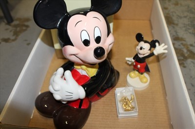 Lot 2124 - Two Disney Mickey Mouse money boxes, Mickey Mouse figure and small Sorcerer (4)
