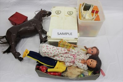 Lot 2850 - 1970's Sindy dolls, clothing , car, horse, furniture etc.  Including sleeping eyes no.033390  in night wear and two dolls 033055. Clothing includes a Pepsi Cola shirt. Also accessories.