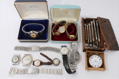 Lot 3335 - Group vintage wristwatches, pocket watch and boxed set watch tools