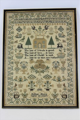 Lot 3132 - Early Victorian Sampler with name  Ester Nunn and date 1840