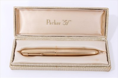 Lot 3411 - 1960s 9ct gold Parker “51” fountain pen with engine turned decoration and vacant cartouche, hallmarked London 1961