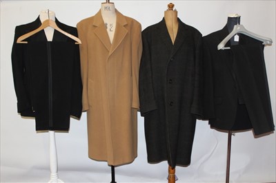 Lot 3128 - 1947 Gentlemen's Black Dinner suit, another later black Dinner Suit and a c1970s Crombie cloth overcoat by Daniel Davies and a cashmere blend camel overcoat by Coes.