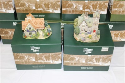 Lot 2143 - Collection of 15 Lilliput Lane cottages, all boxed, to include Mystery Manor, Whistle Stop Gallery, Coronation Arms, and others