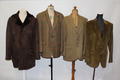 Lot 3130 - Gentlemen's vintage clothing including 1970's grey stripped three piece suit, green Safari style suit, dark grey wool blazer by Label, Hector James check blazer, tweed blazer by John G Hardy.etc.