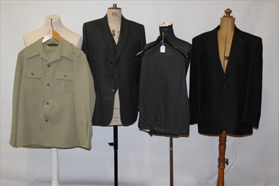 Lot 3130 - Gentlemen's vintage clothing including 1970's grey stripped three piece suit, green Safari style suit, dark grey wool blazer by Label, Hector James check blazer, tweed blazer by John G Hardy.etc.