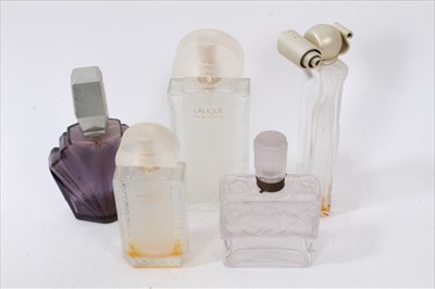 Lot 3661 - Vintage Lalique Molinard glass perfume bottle decorated with kneeling female nudes, two other Lalique glass perfume bottles, a Givenchy glass perfume bottle plus an Art Deco style scent bottle (5)